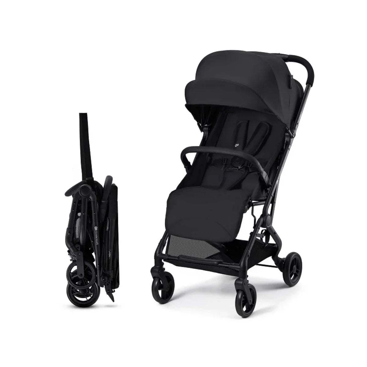 Coal black stroller with canopy and reclining seat; small fold-out profile