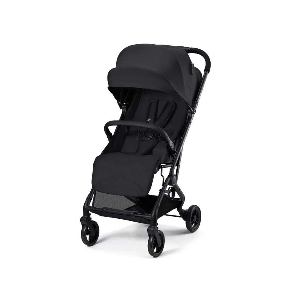 Coal black reclining stroller with canopy and front swivel wheels, side view