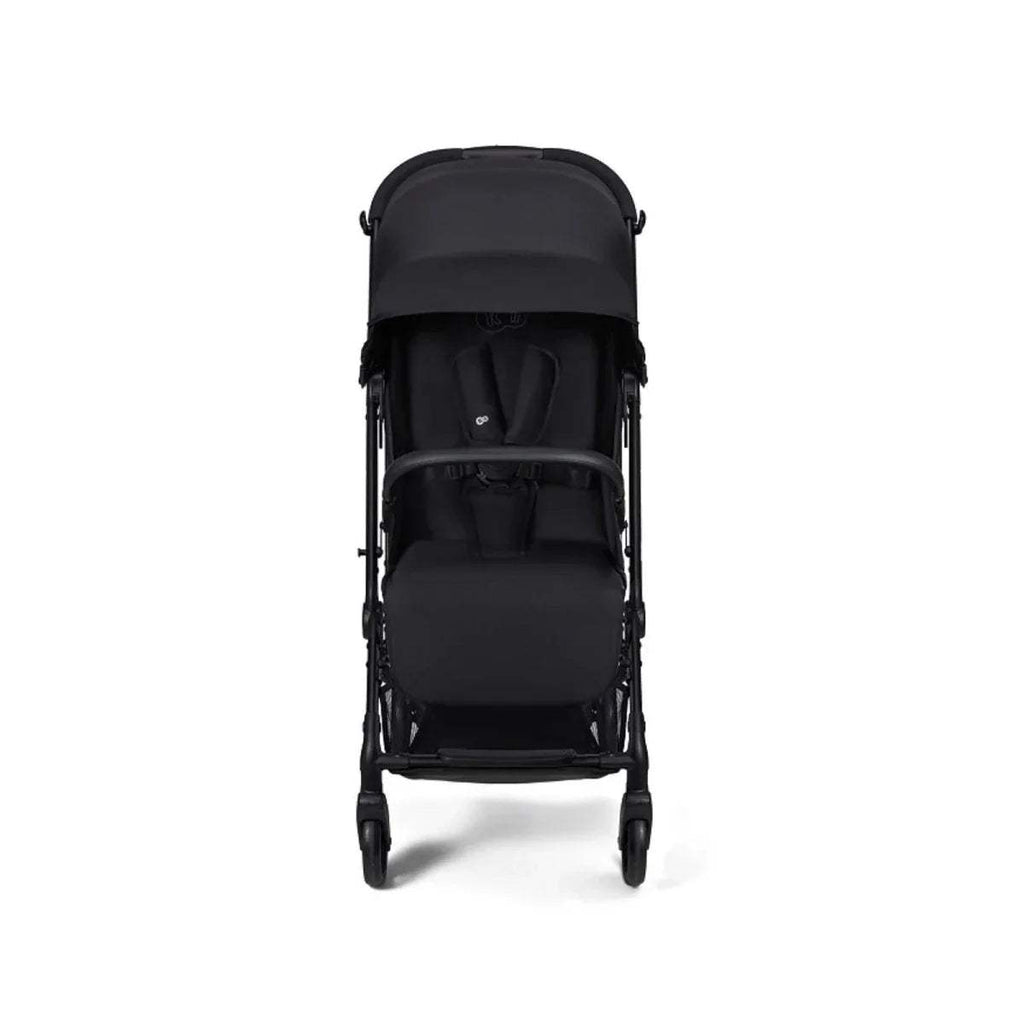 Coal black stroller with canopy and padded seat, rear view