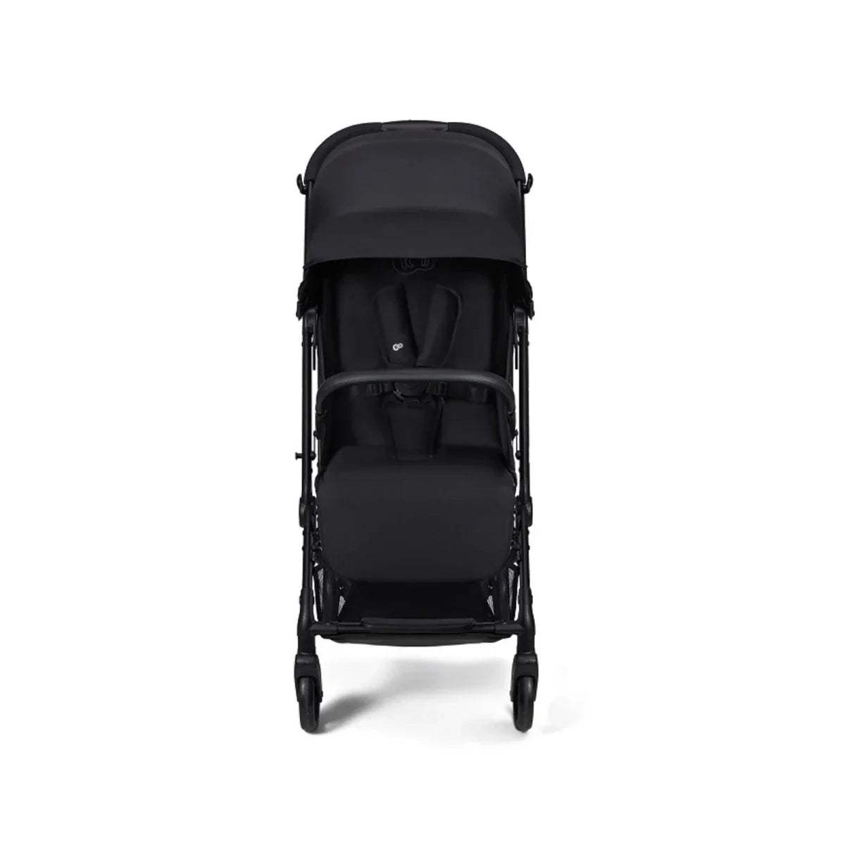 Coal black stroller with canopy and padded seat, rear view