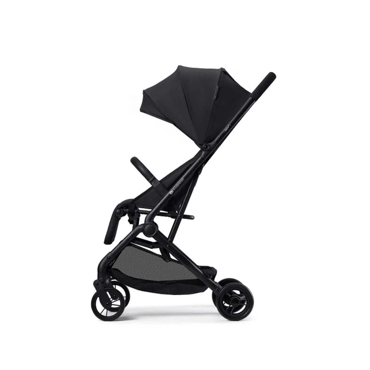 Coal black compact stroller with canopy and reclining seat, angled side view