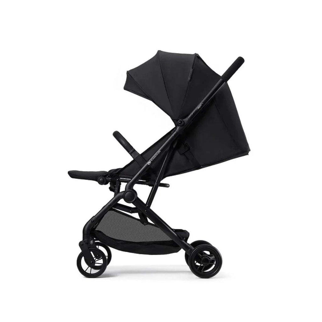 Coal black stroller with canopy and padded seat; handlebar and wheels visible