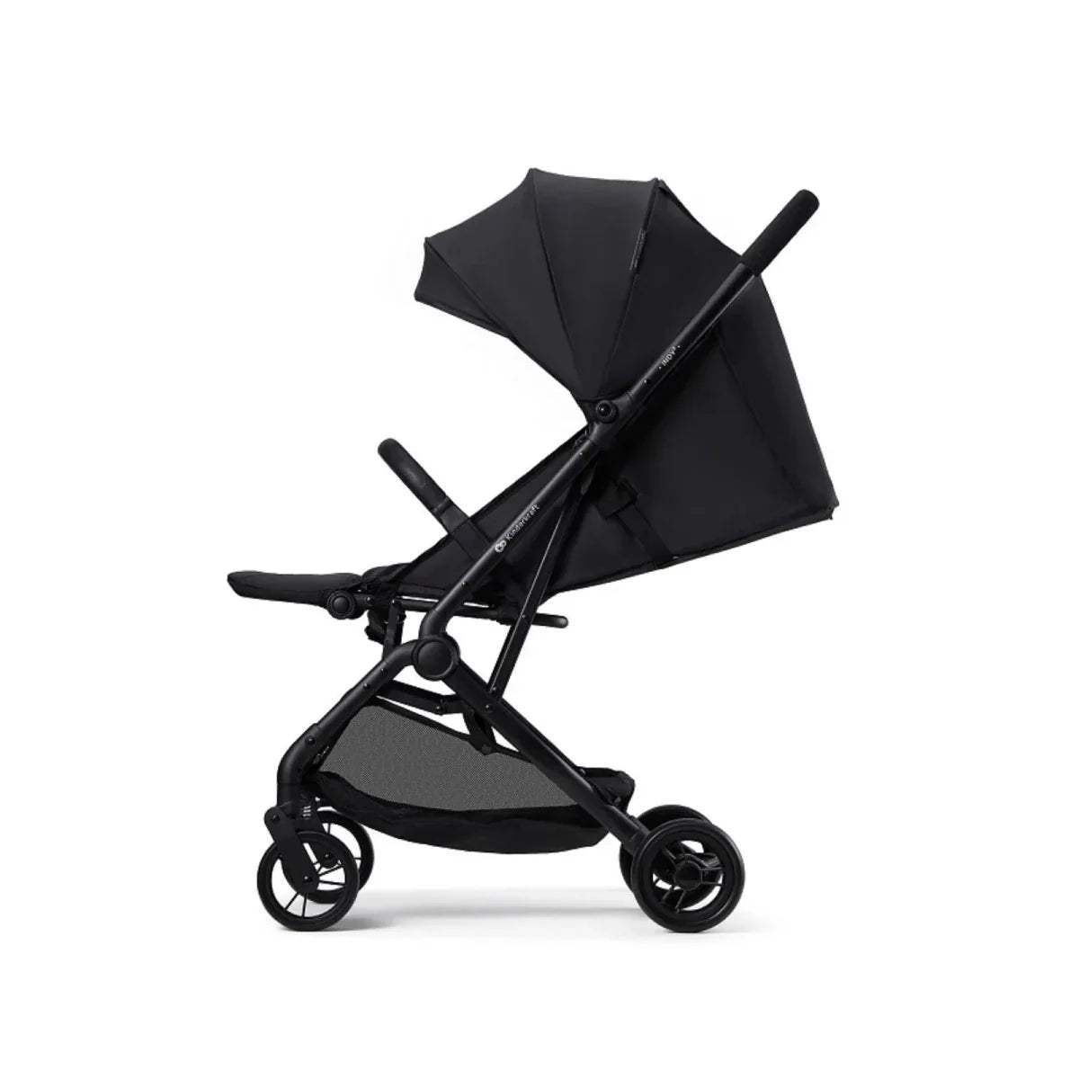 Coal black stroller with canopy and padded seat; handlebar and wheels visible