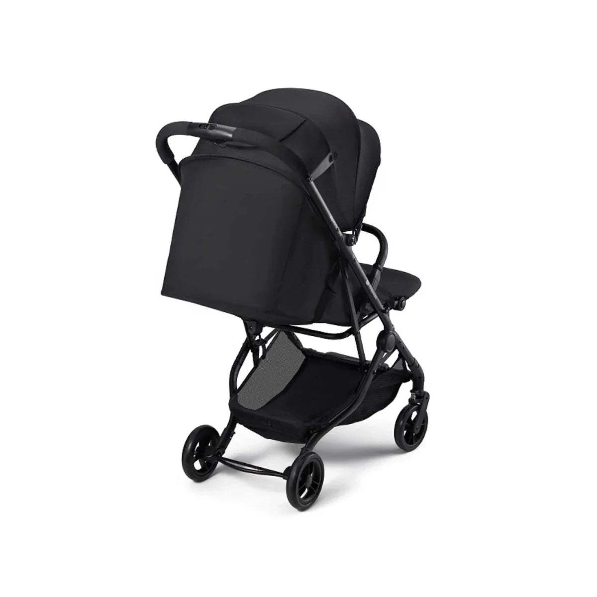 Coal black stroller with canopy and storage basket, three-quarter side view