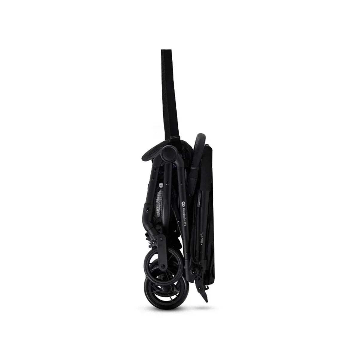 Coal black folded stroller frame with wheels and handle, side view