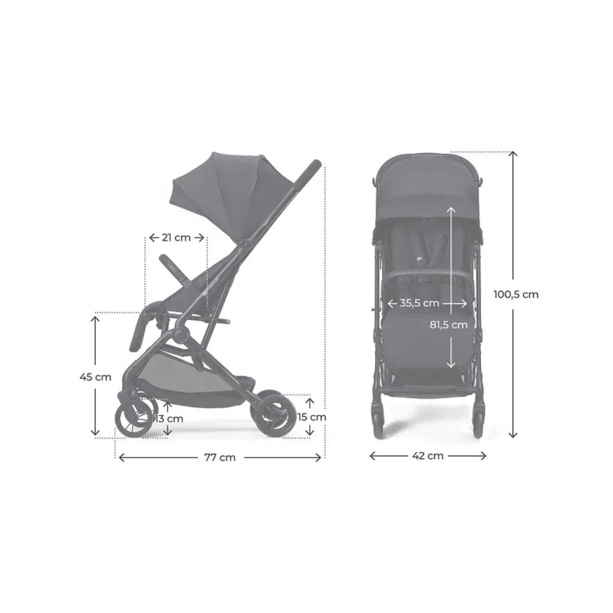 Coal black stroller size diagram showing folded and unfolded dimensions