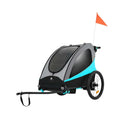 Turquoise and black 3-in-1 stroller with enclosed canopy, large wheels, and safety flag