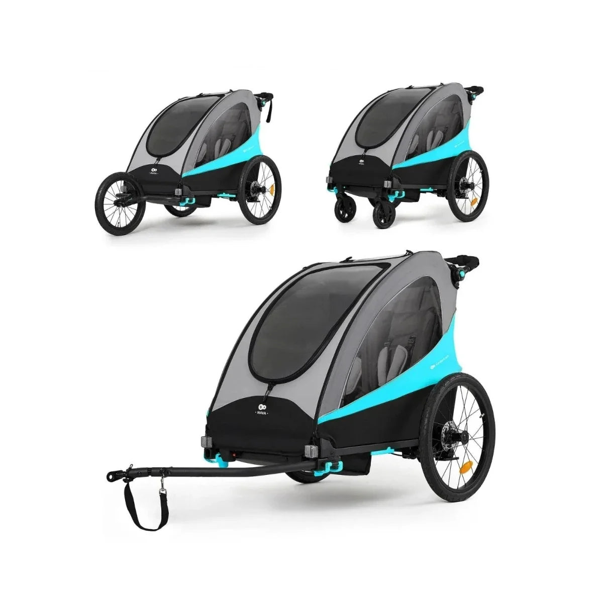 Turquoise and black 3-in-1 stroller shown from multiple angles with enclosed canopy and wheels