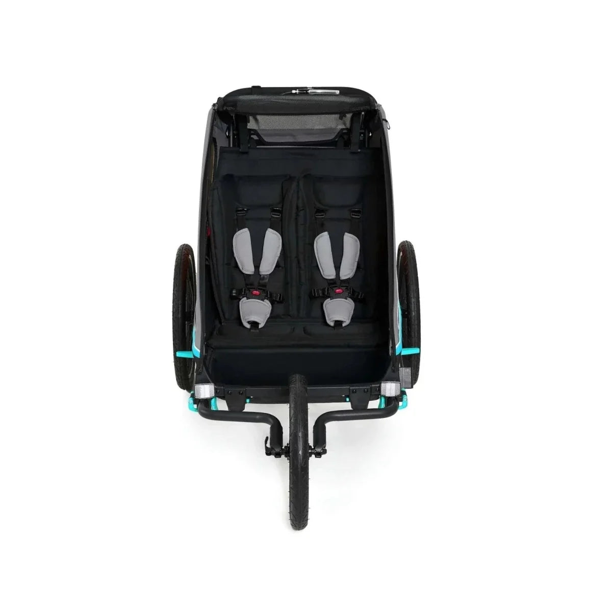 Turquoise and black 3-in-1 stroller rear view with two seats and safety harnesses