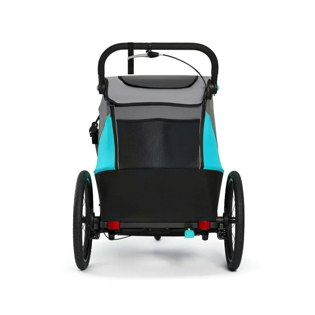 Turquoise and black 3-in-1 stroller front view with handle, canopy, and large wheels
