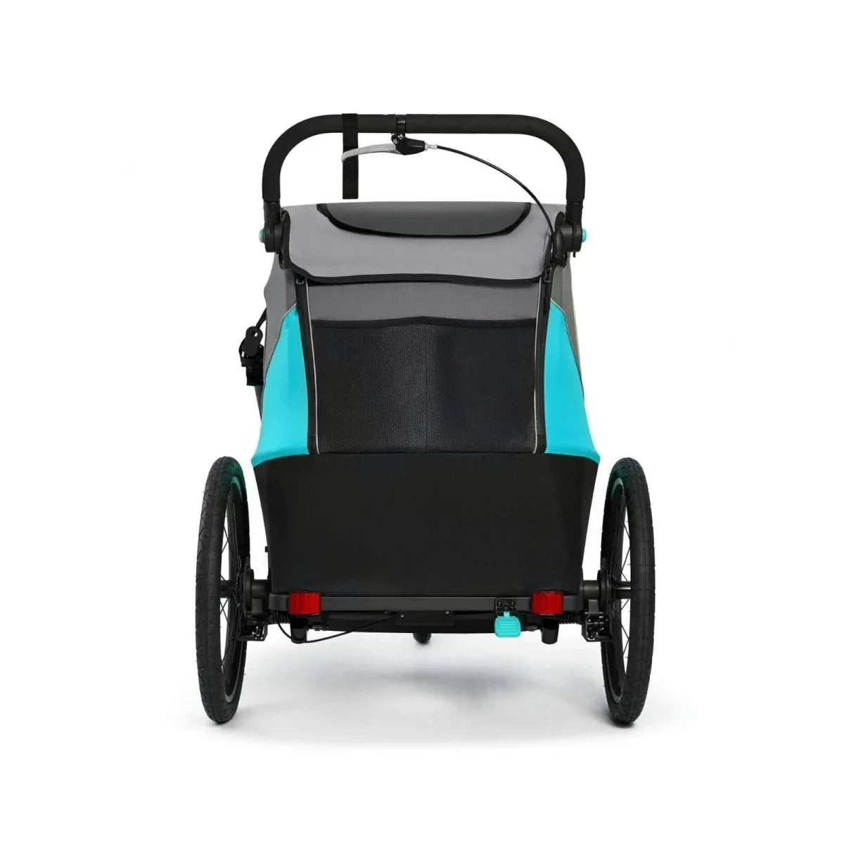 Turquoise and black 3-in-1 stroller front view with handle, canopy, and large wheels