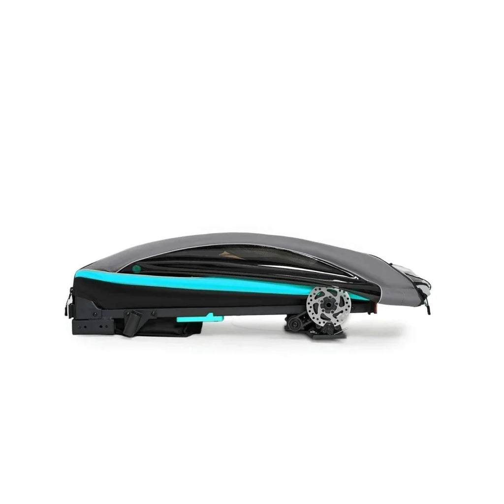 Turquoise and black 3-in-1 stroller underside with frame parts and rear wheel assembly