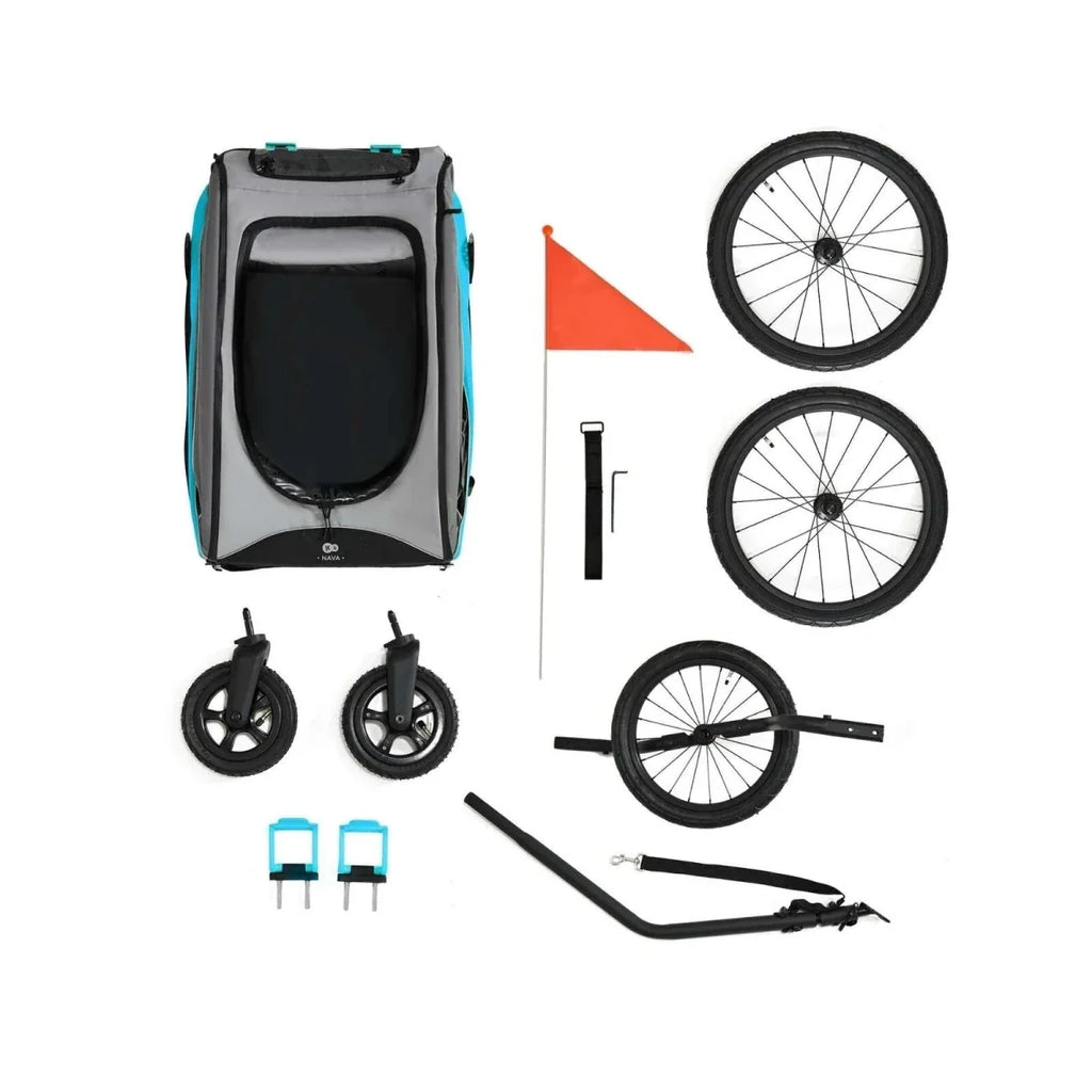 Turquoise and black 3-in-1 stroller kit parts: seat, wheels, handlebar, and accessories