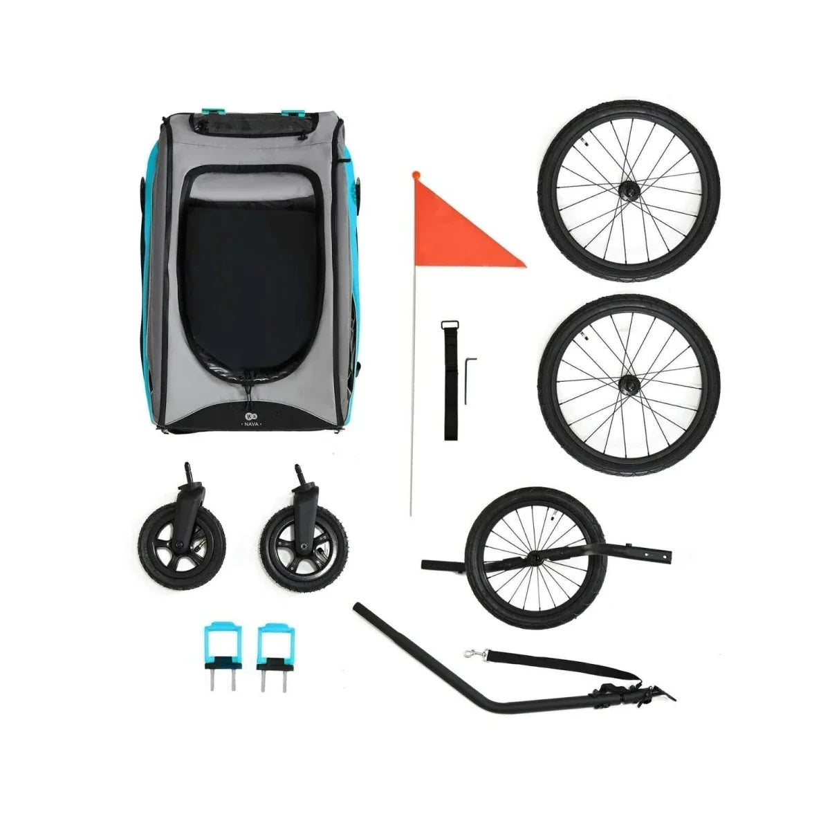 Turquoise and black 3-in-1 stroller kit parts: seat, wheels, handlebar, and accessories