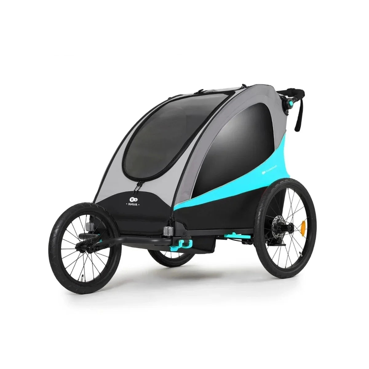 Turquoise and black 3-in-1 stroller angled side view with enclosed canopy and large wheels