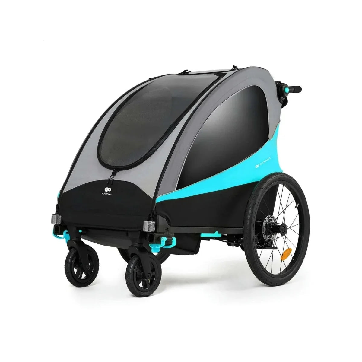 Turquoise and black 3-in-1 stroller close-up side view with canopy and front wheel