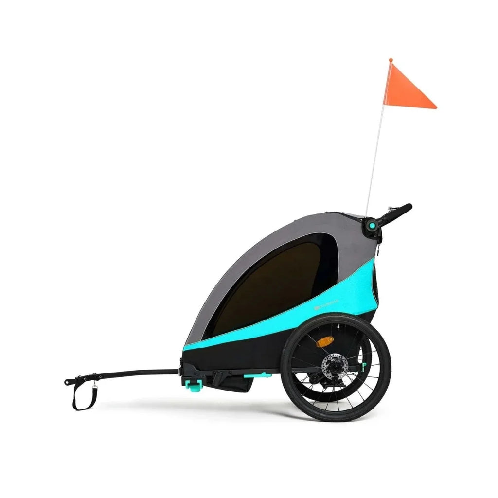 Turquoise and black 3-in-1 stroller side profile with safety flag and enclosed canopy