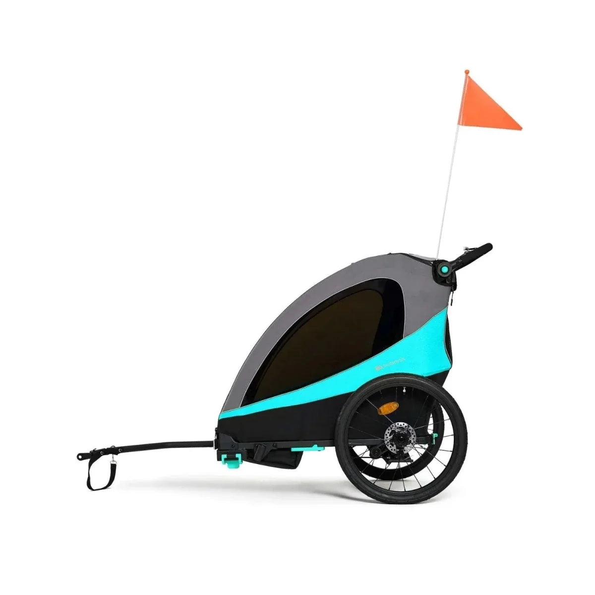 Turquoise and black 3-in-1 stroller side profile with safety flag and enclosed canopy