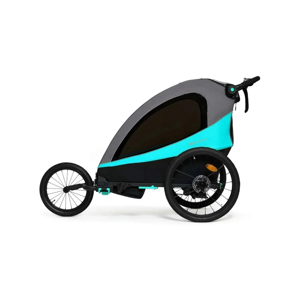 Turquoise and black 3-in-1 stroller side view with enclosed canopy, wheels, and handlebar