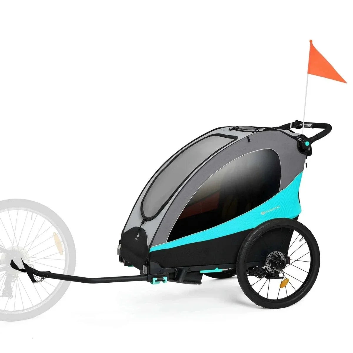 3-in-1 stroller in dark gray and turquoise with large wheels and canopy cover