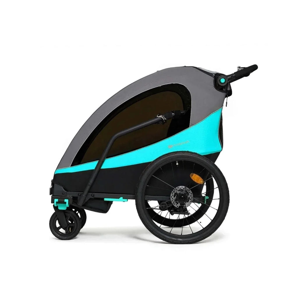 3-in-1 stroller side view with black canopy, turquoise accents, and front suspension