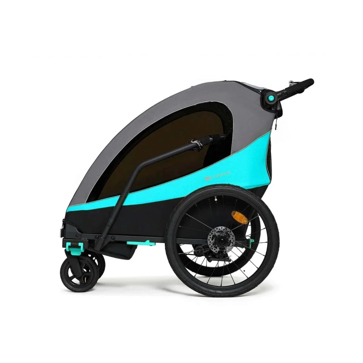 3-in-1 stroller side view with black canopy, turquoise accents, and front suspension