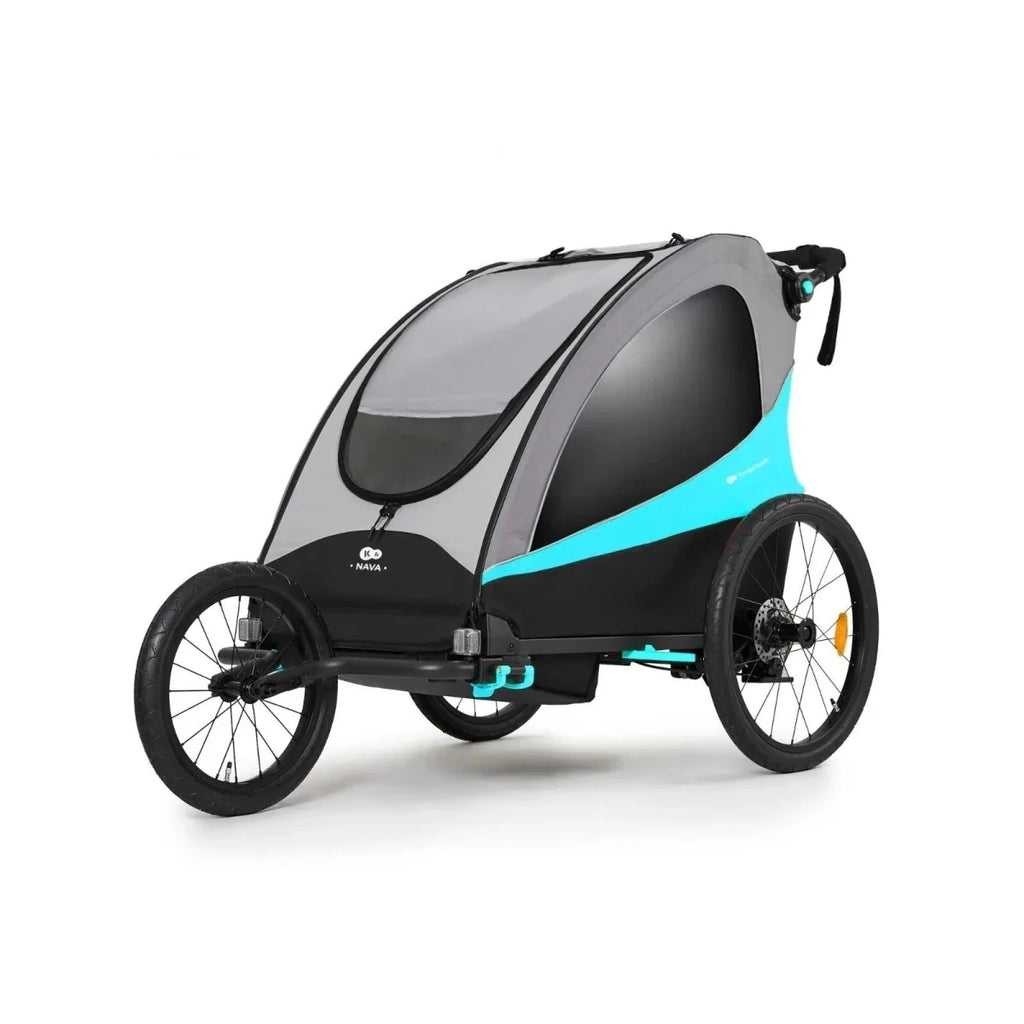 3-in-1 stroller angled view with dark canopy, turquoise stripe, and steering handle