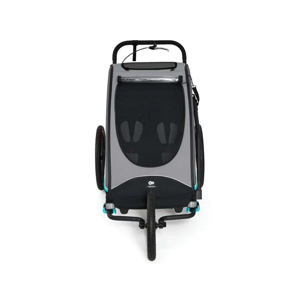 3-in-1 stroller rear view with tinted window panel and black frame