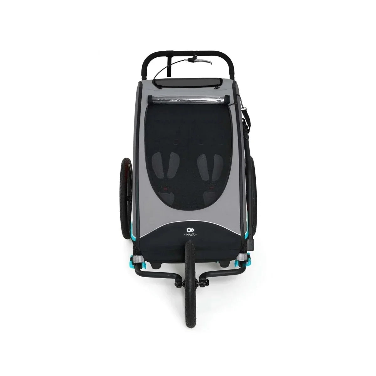 3-in-1 stroller rear view with tinted window panel and black frame