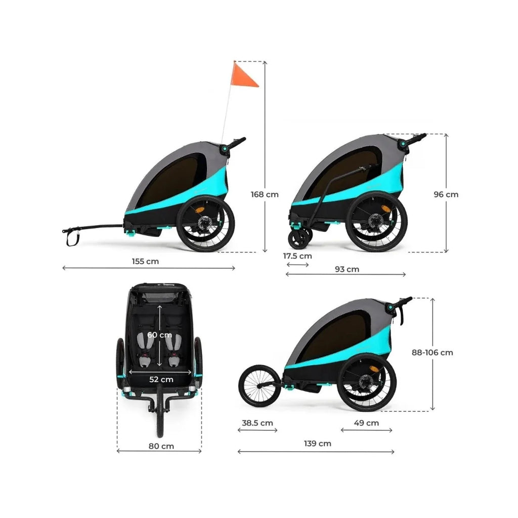 3-in-1 stroller size diagram with dark body and turquoise trim, front and side views
