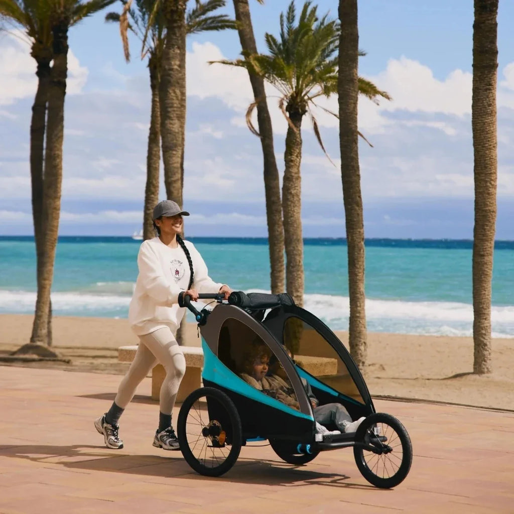 3-in-1 stroller with black fabric canopy and turquoise side panel, sitting position