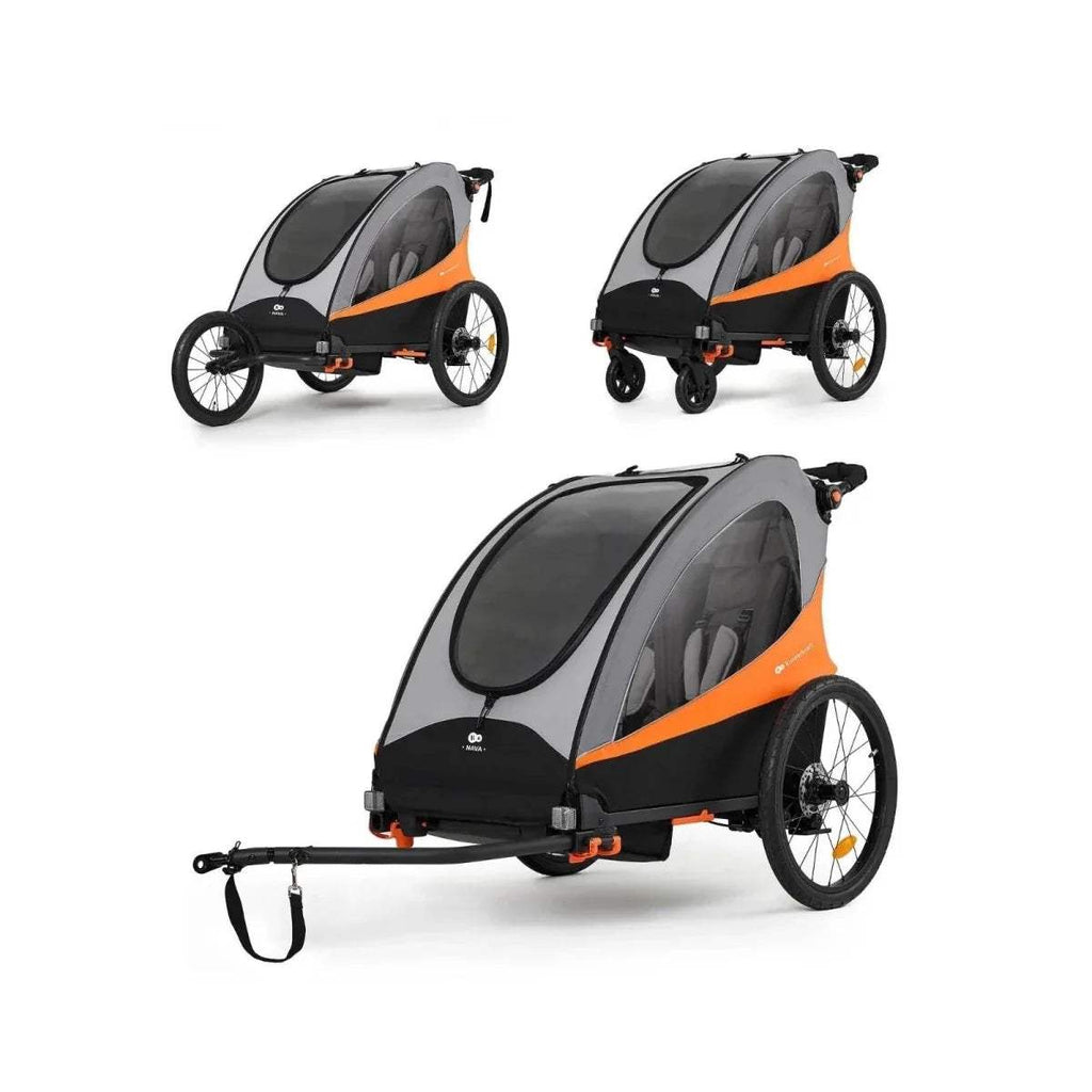 Orange and black stroller shown from multiple angles with canopy and safety harness