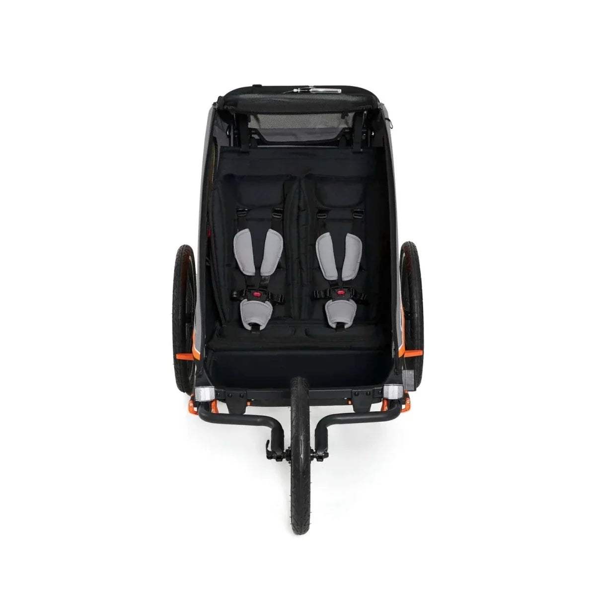 Orange-and-black stroller seat interior with five-point harness and rear access