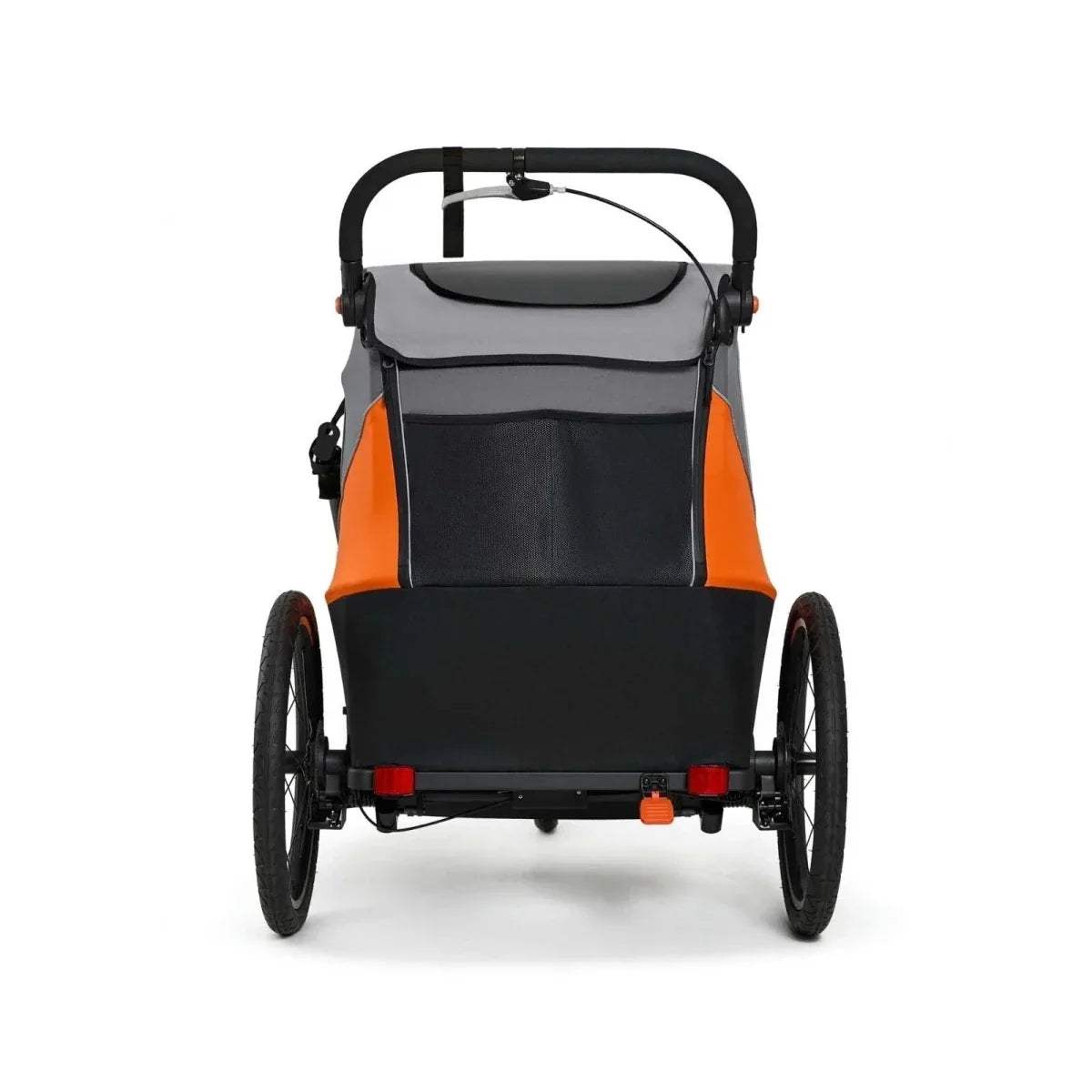Orange-and-black stroller with front canopy panel and two large wheels