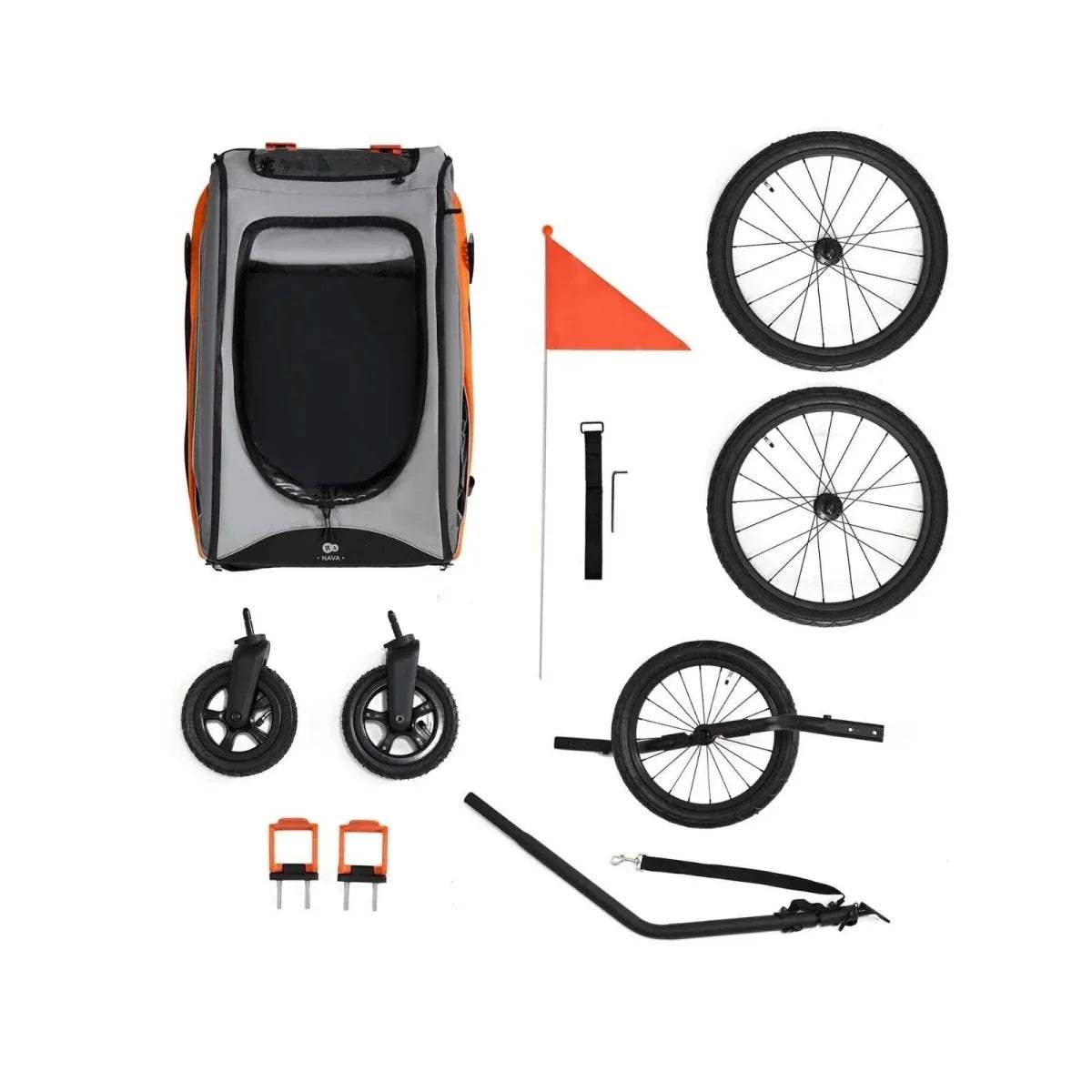 Orange stroller parts set with wheels, canopy, frame components, and handle pieces