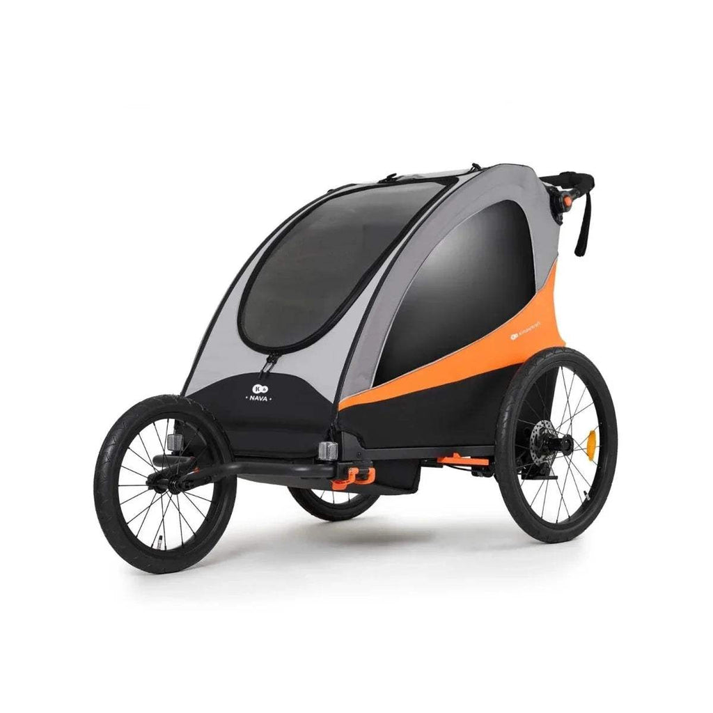 Orange-and-black stroller side view with tinted canopy window and large wheels