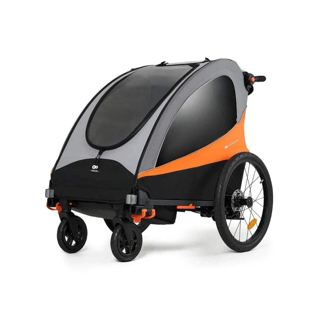 Orange-and-black stroller angled view with canopy, safety bar, and big rear wheel