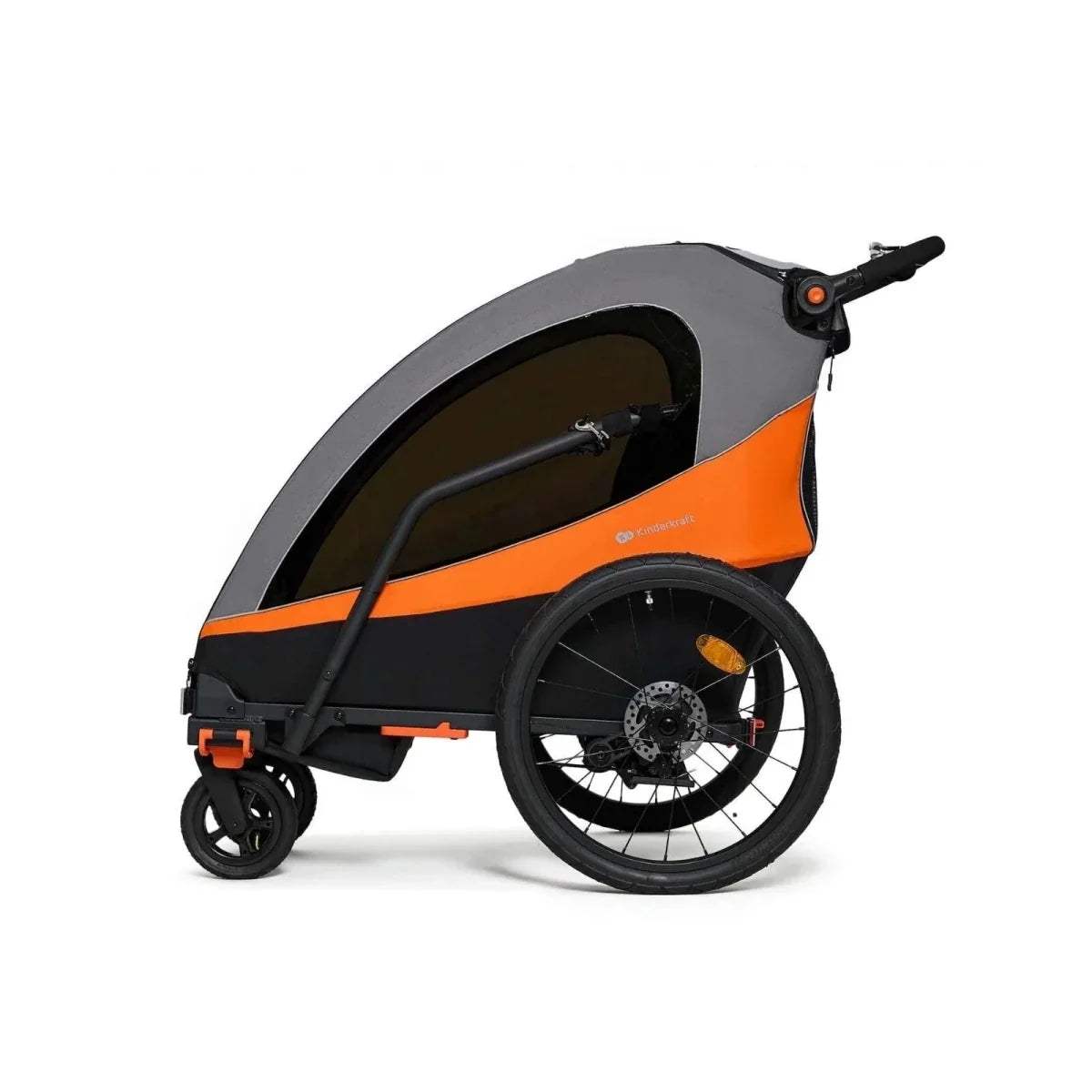 Orange-and-black stroller side view with tinted window canopy and front wheel