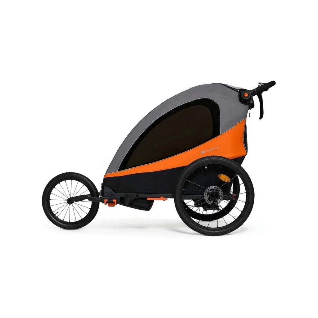 3-in-1 stroller in orange and black, side view with large wheels and canopy.