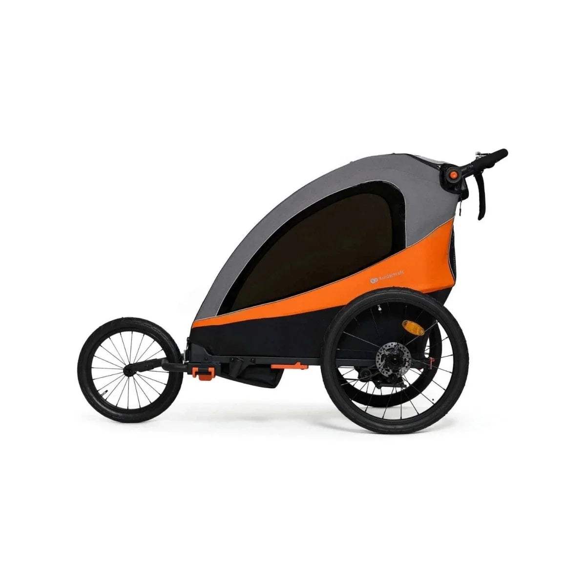 3-in-1 stroller in orange and black, side view with large wheels and canopy.