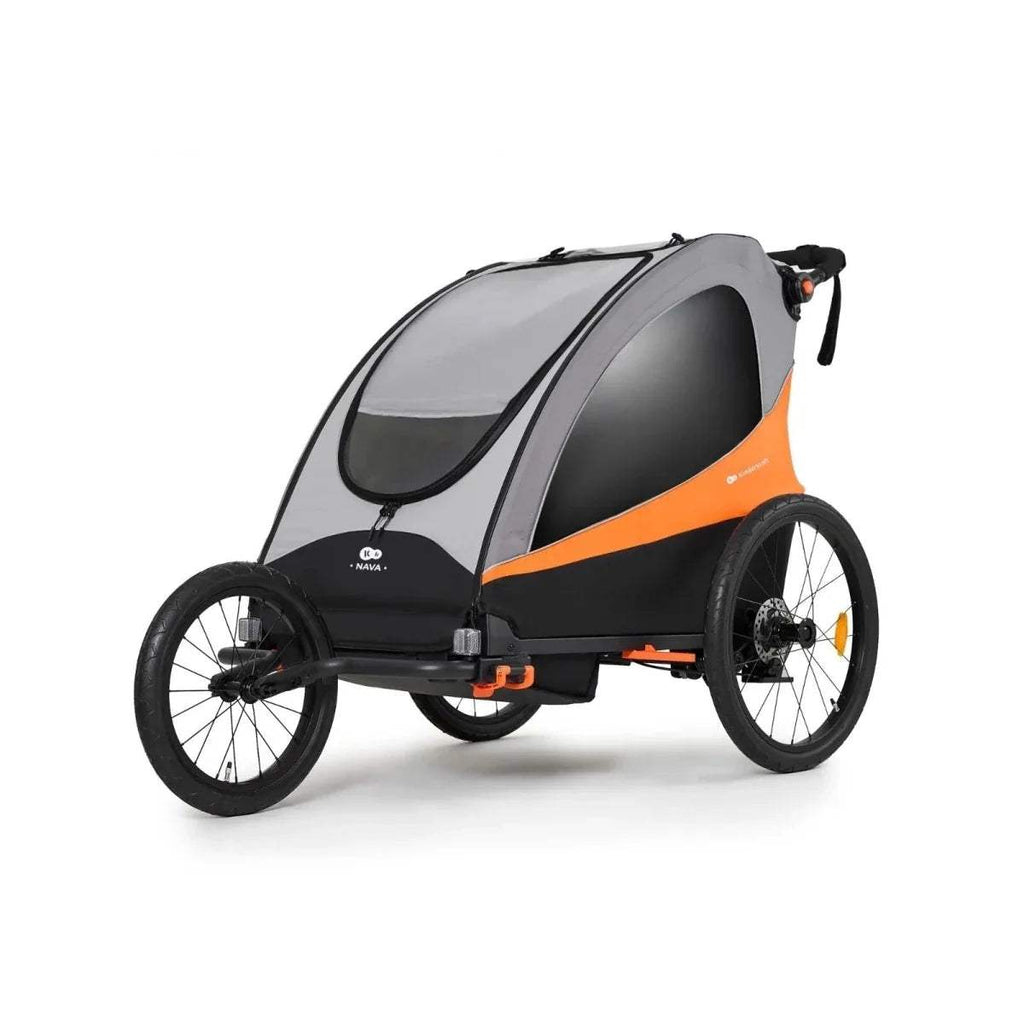 3-in-1 stroller in orange and black, angled side view with canopy and wheel frame.