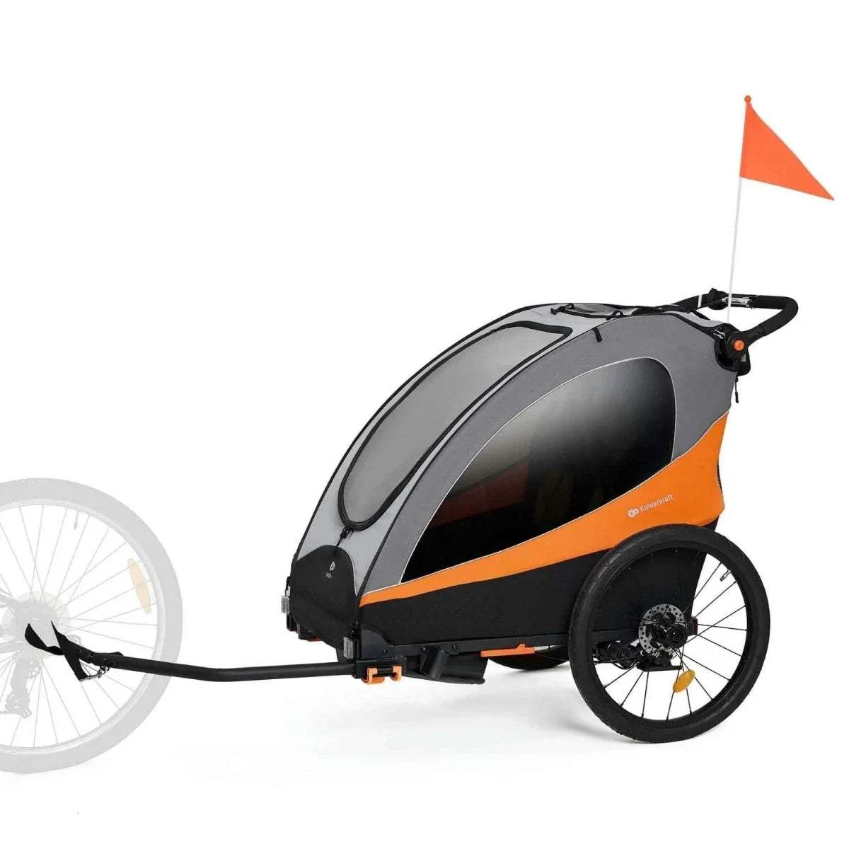 3-in-1 stroller in orange and black, front-right side view with extended canopy.