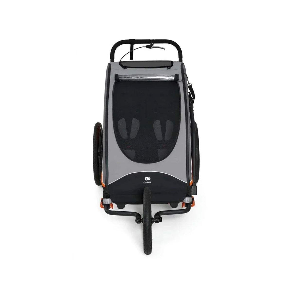 3-in-1 stroller in orange and black, rear view with handlebar and seat canopy.