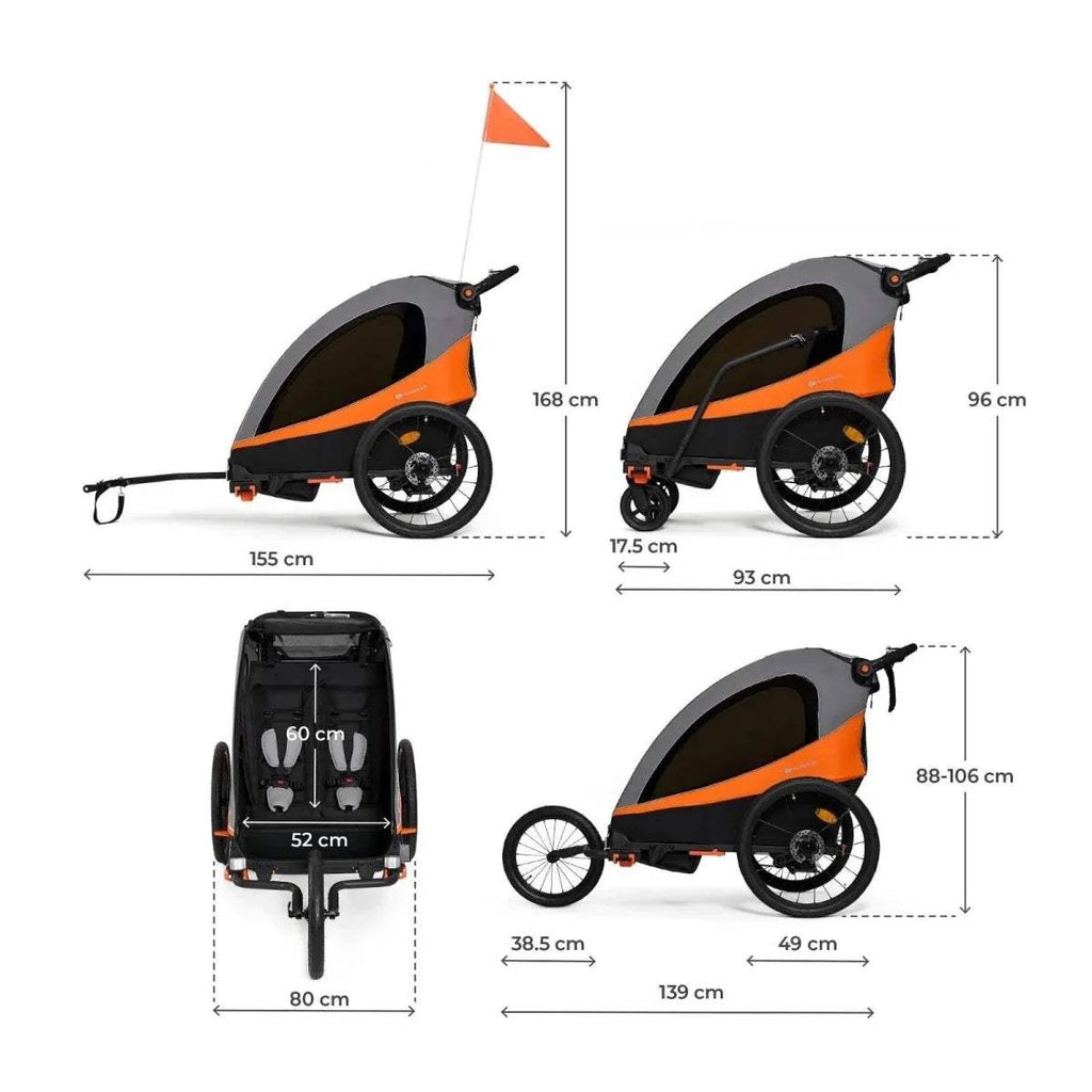 Orange and black 3-in-1 stroller size chart with height, width, and length measurements.