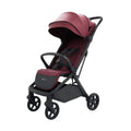 Dark ruby baby stroller with black frame, canopy, and five-point harness