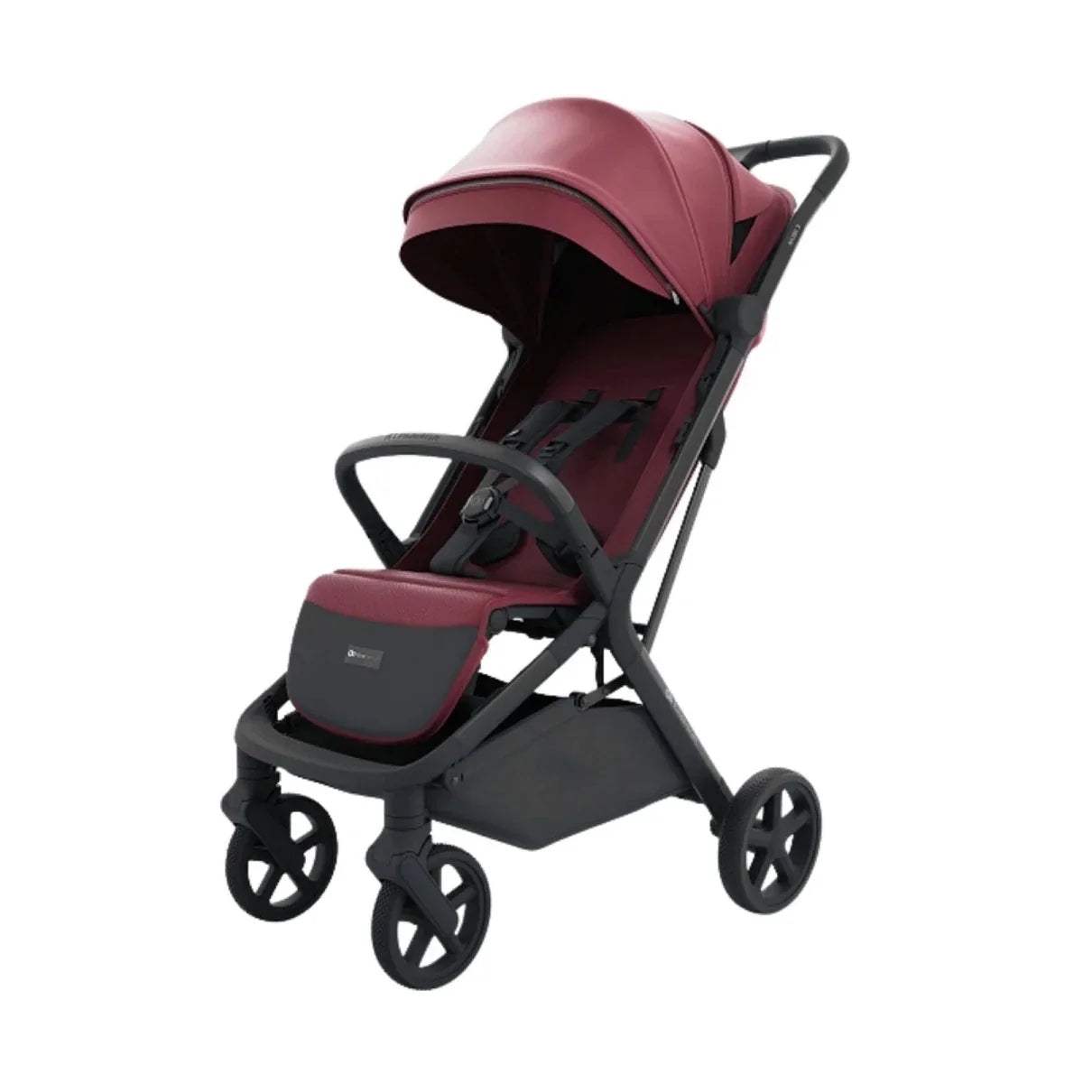 Dark ruby baby stroller with black frame, canopy, and five-point harness