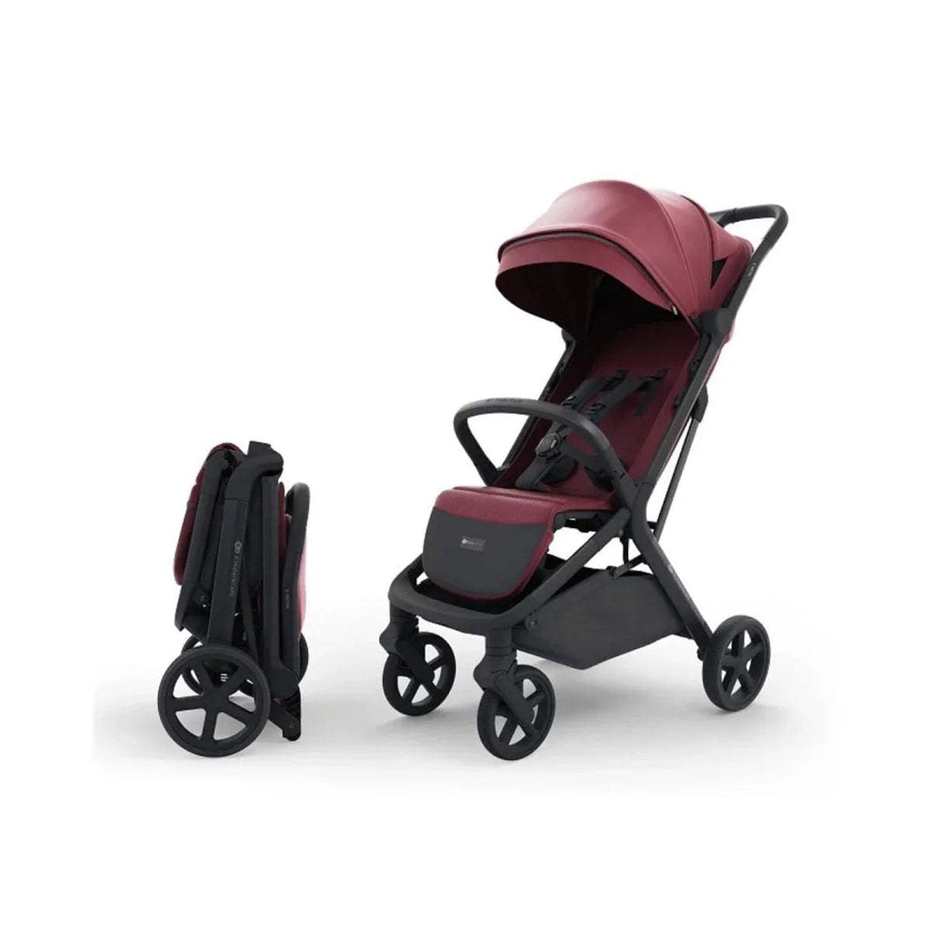 Dark ruby stroller with black wheels and canopy, shown with folded side view