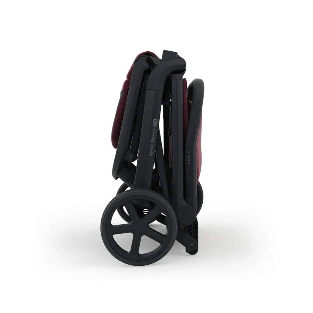 Dark ruby stroller back view with black wheels and upright folded frame