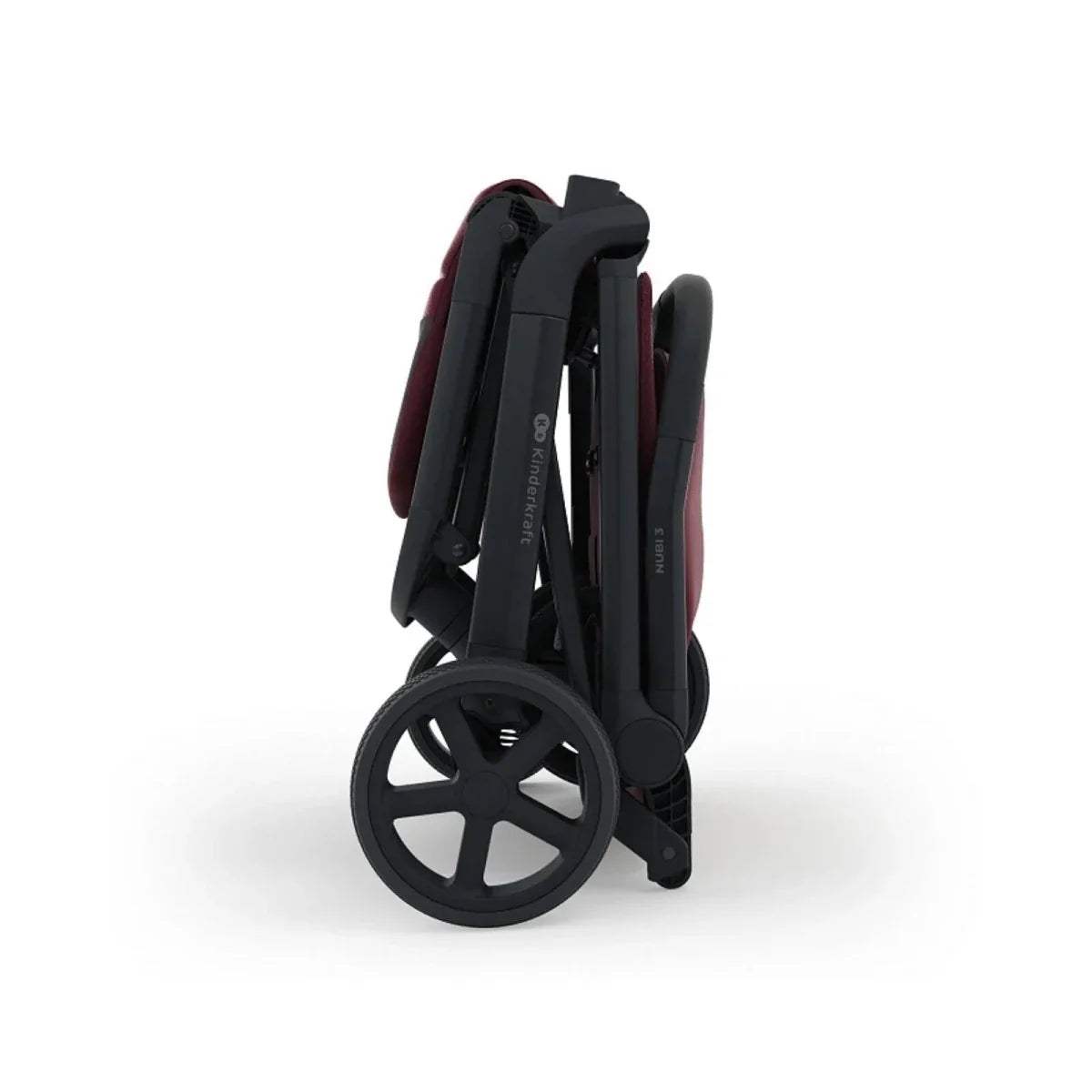 Dark ruby stroller back view with black wheels and upright folded frame