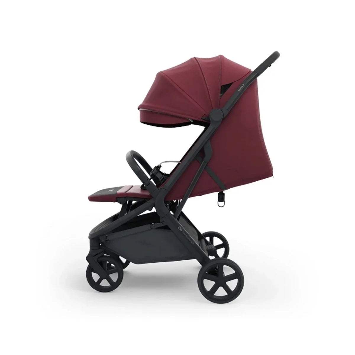 Dark ruby stroller with black canopy, tray, and reclined seat in profile